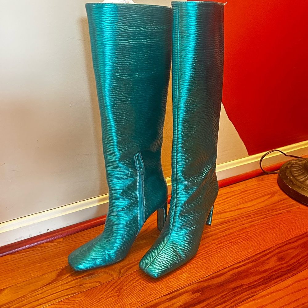 Zara metallic Teal Knee-High Boots